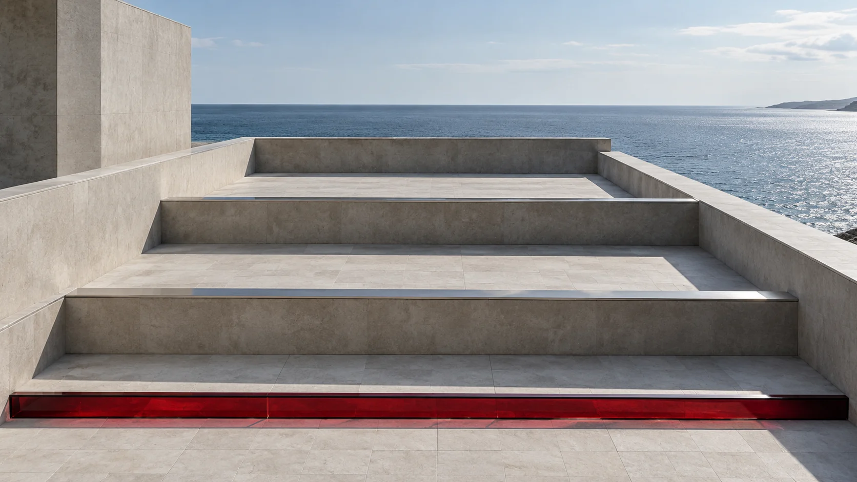 Three stepped terrace levels of pale concrete above the sea, one behind the other; the lowest has a ruby glass front edge.