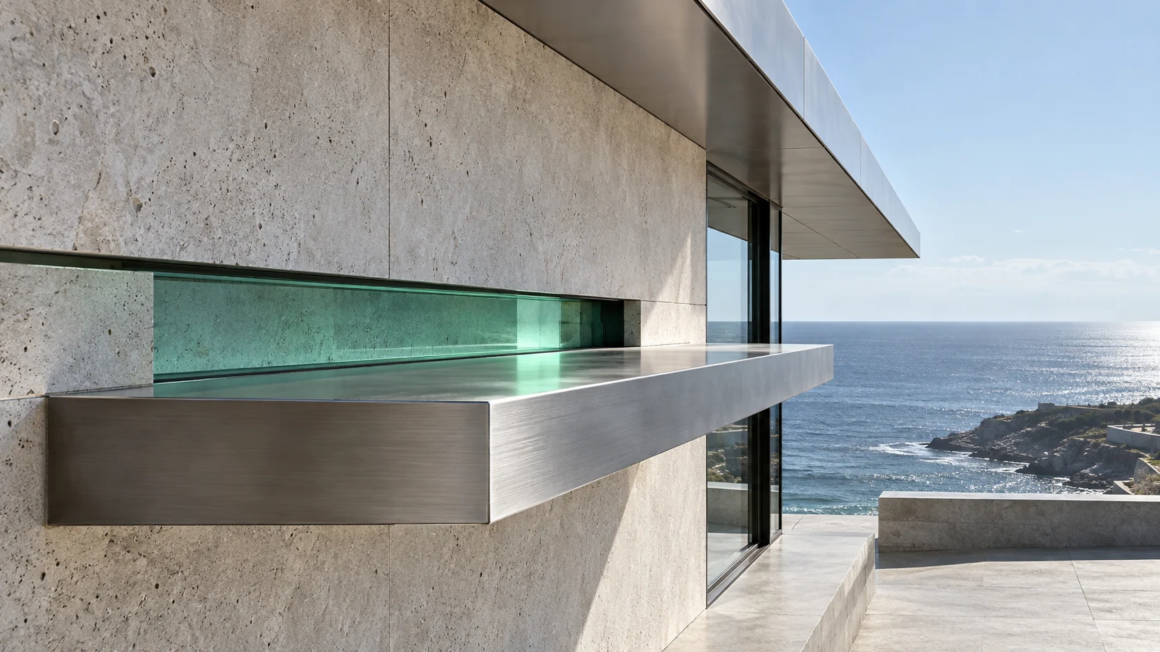 A brushed steel shelf standing out from a travertine wall beneath a long emerald glass slot, with the terrace and the sea beyond.