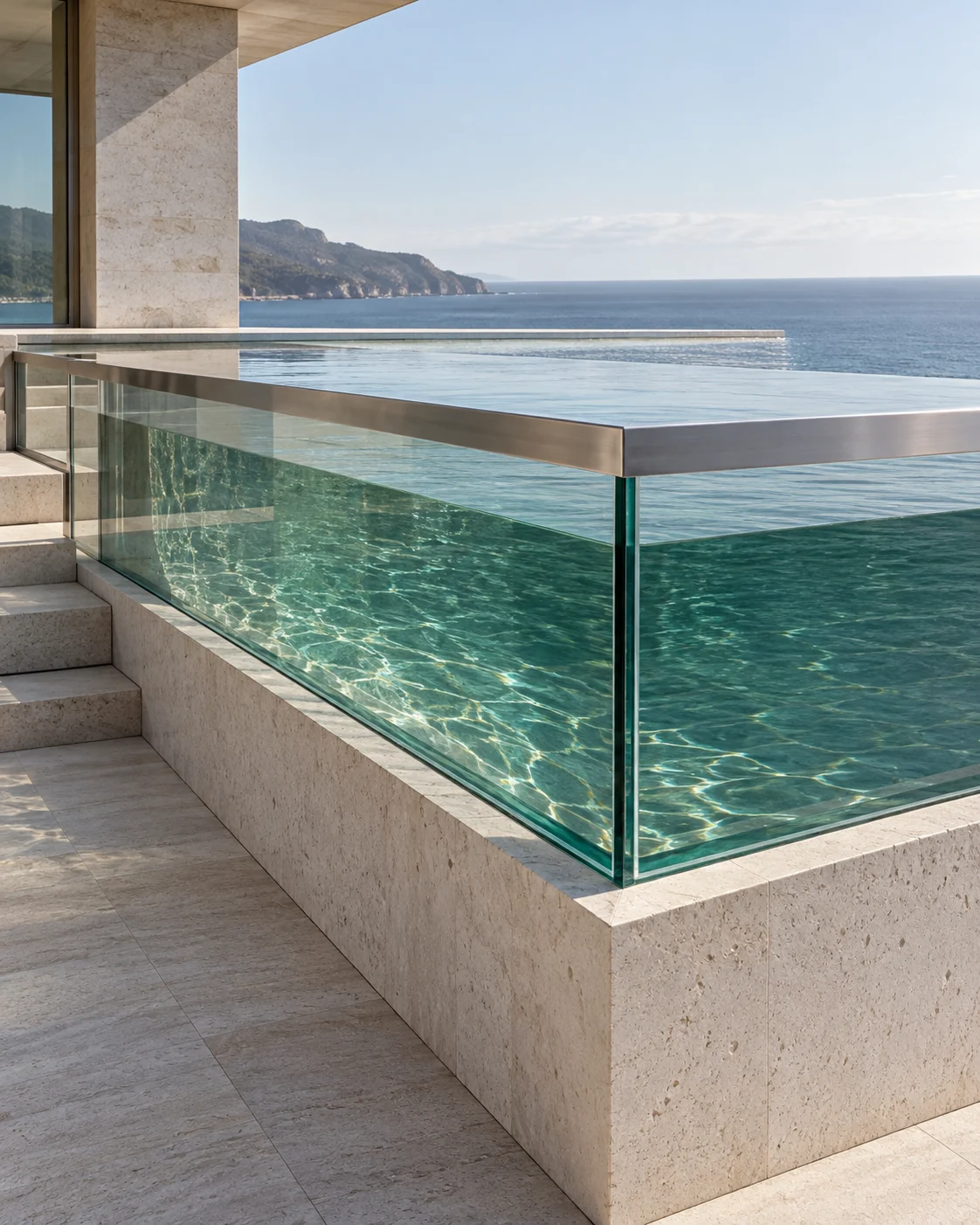 A glass-sided pool on a travertine terrace, its emerald water filled level with the steel rim, the sea and a headland beyond.
