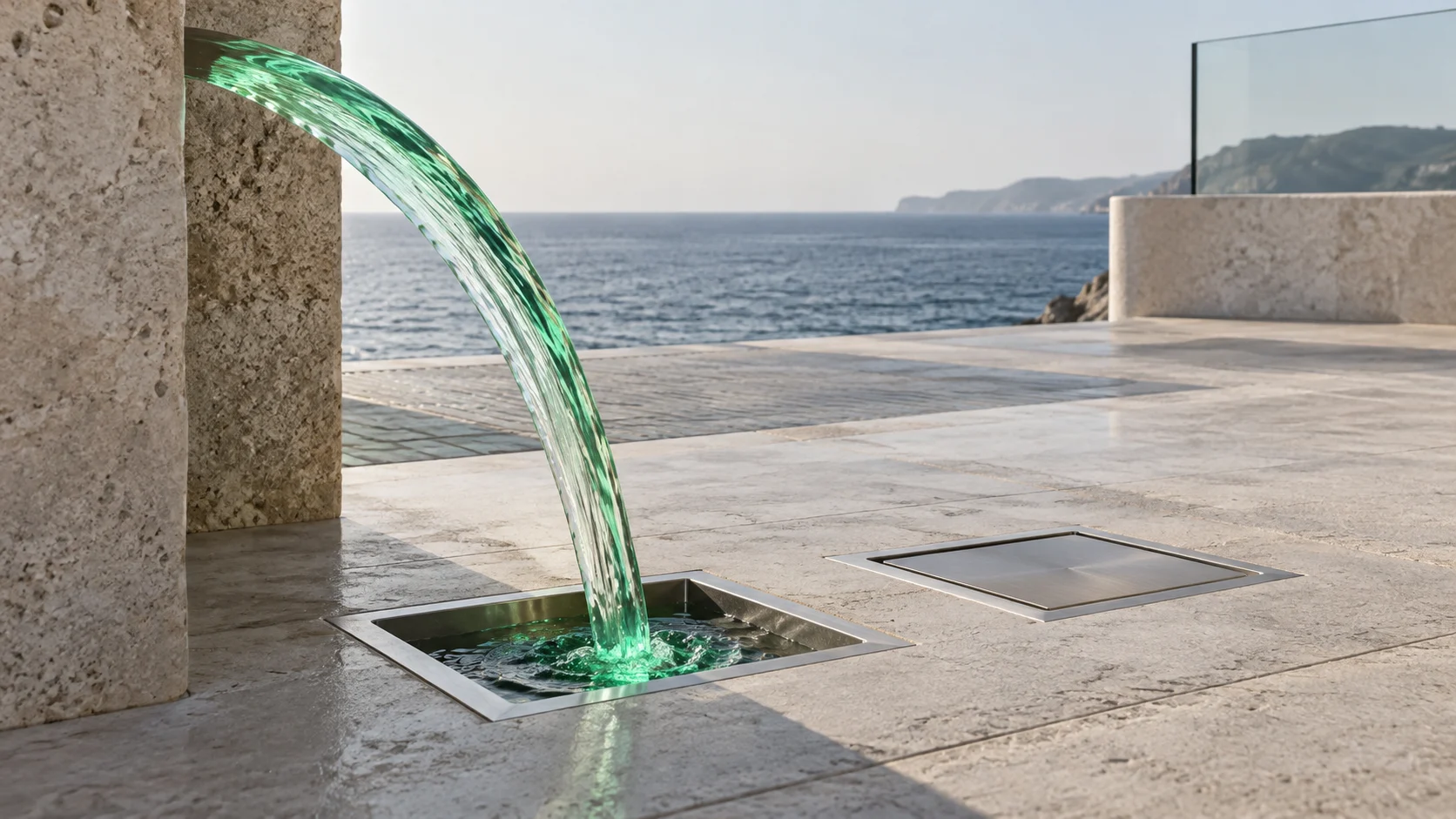 An arc of water lit emerald falls from a slot in a travertine wall into a square steel-rimmed drain in the terrace; beside it a second steel plate is capped; the sea beyond.