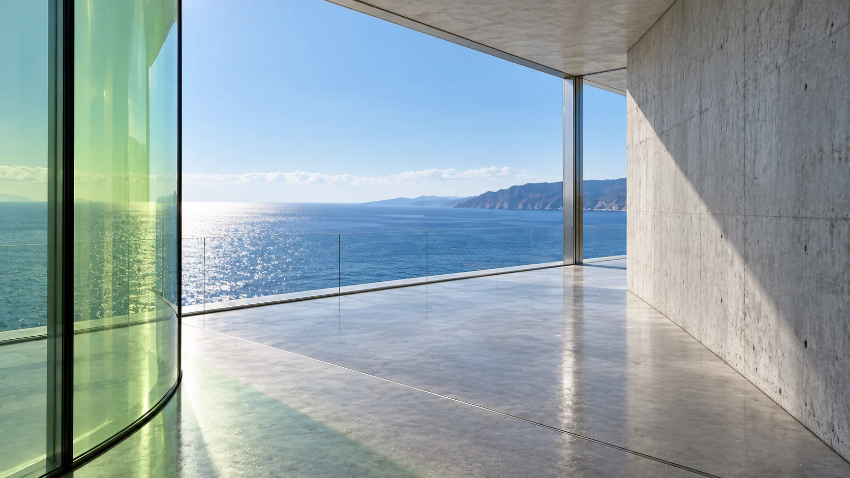 A curved green glass wall at the left of an open concrete room, green light on the polished floor, the sea and a far headland through the open side.
