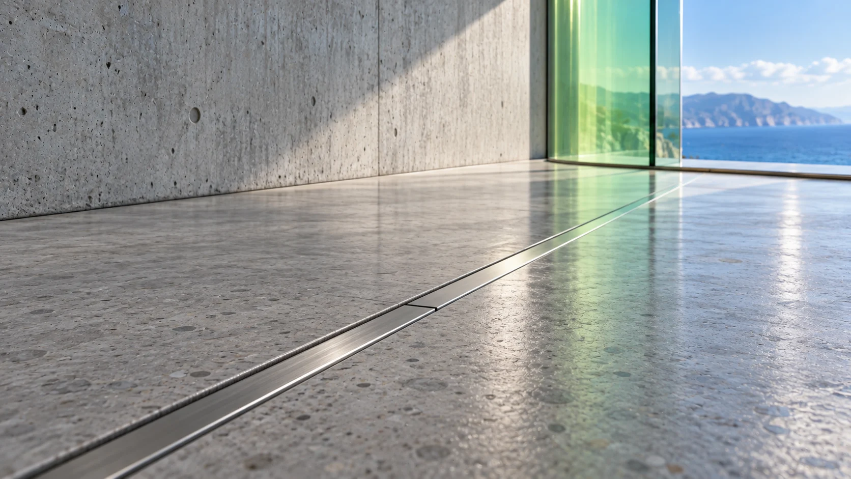 A polished stone floor seen from low down: one inlaid steel line runs towards a curved green glass wall, its green light lying across the floor, the sea beyond.
