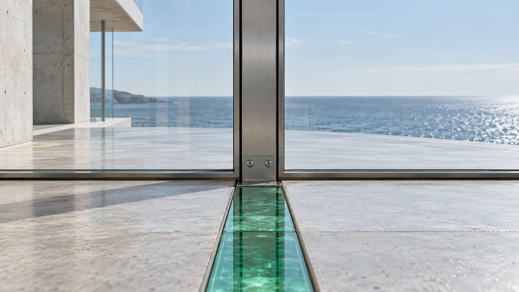 The foot of a brushed steel mullion where it is fixed to the floor with two fixings, and an emerald glass channel set into the stone running from it; the terrace and the sea behind the glass.