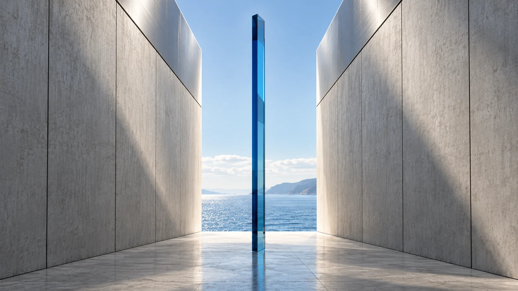 The passage square on: two concrete walls stand apart, and the tall sapphire glass blade stands between them with an even gap of daylight on each side, the sea beyond.