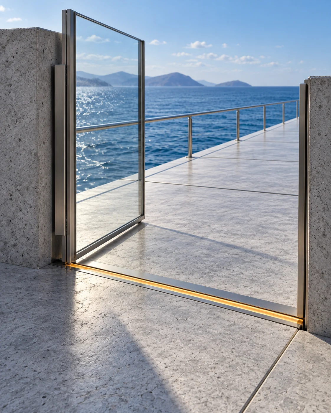 One steel joint crossing the stone deck of the pier, lit citrine, with a slim glass gate standing open on it; the next length of deck, the rail and the sea lie beyond.