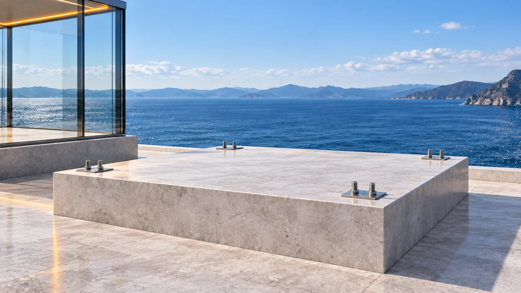 A bare stone plinth above the sea with four brushed-steel fixing plates waiting on it. The glass corner of the neighbouring pavilion is at the left edge of the frame, with a line of amber light under its roof.