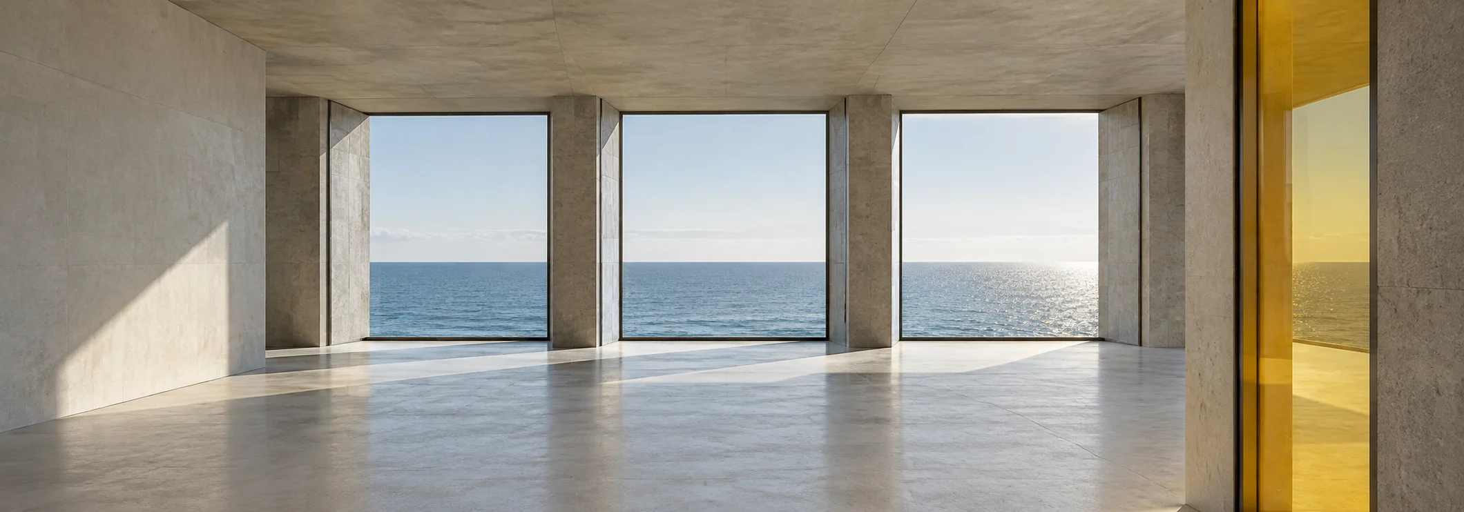 An empty concrete room facing three tall openings side by side onto the sea, with a pane of citrine glass at the right edge.