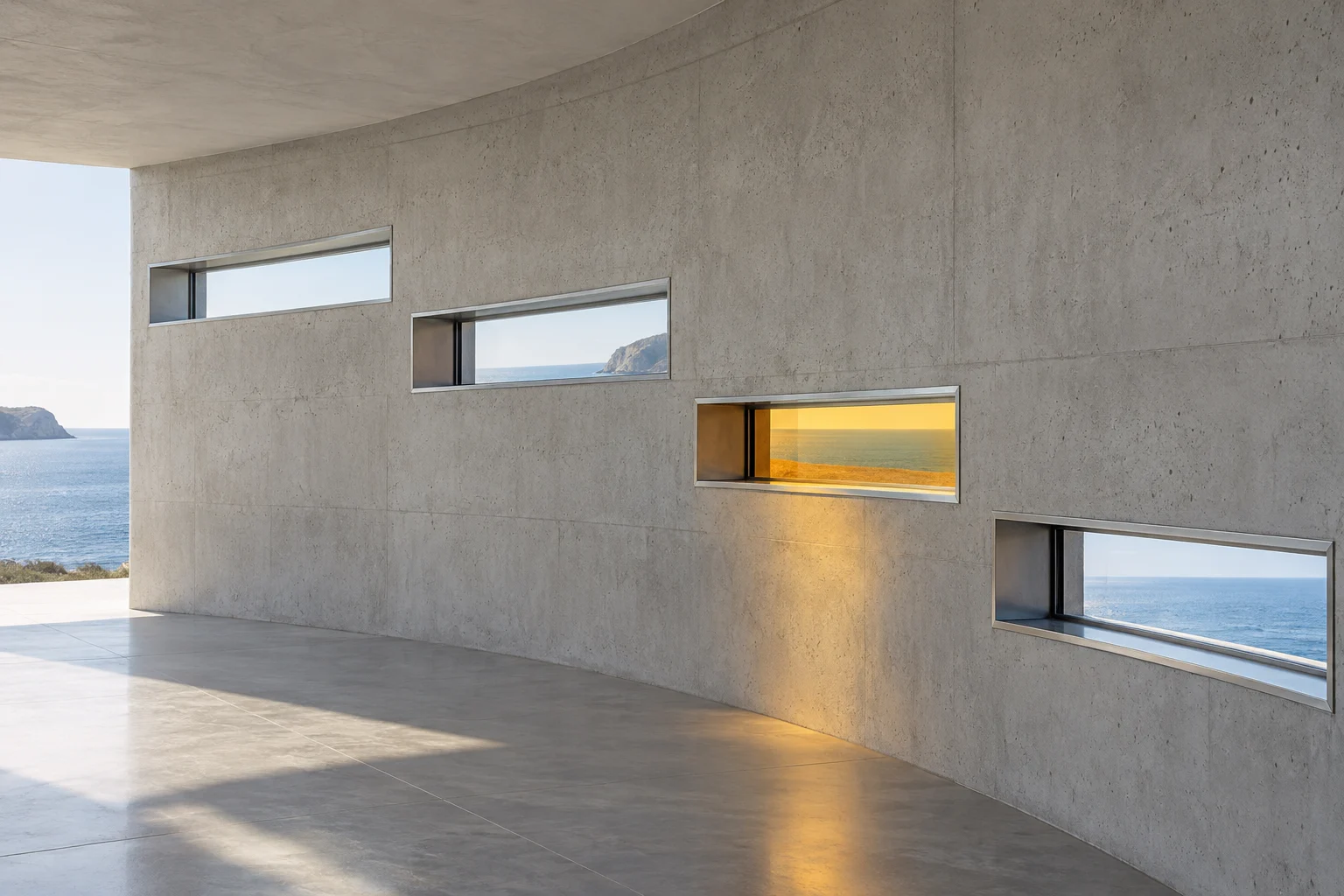 Four long slot windows stepping down a concrete wall, each framing the sea; the third is lined citrine and throws a yellow light down the wall.