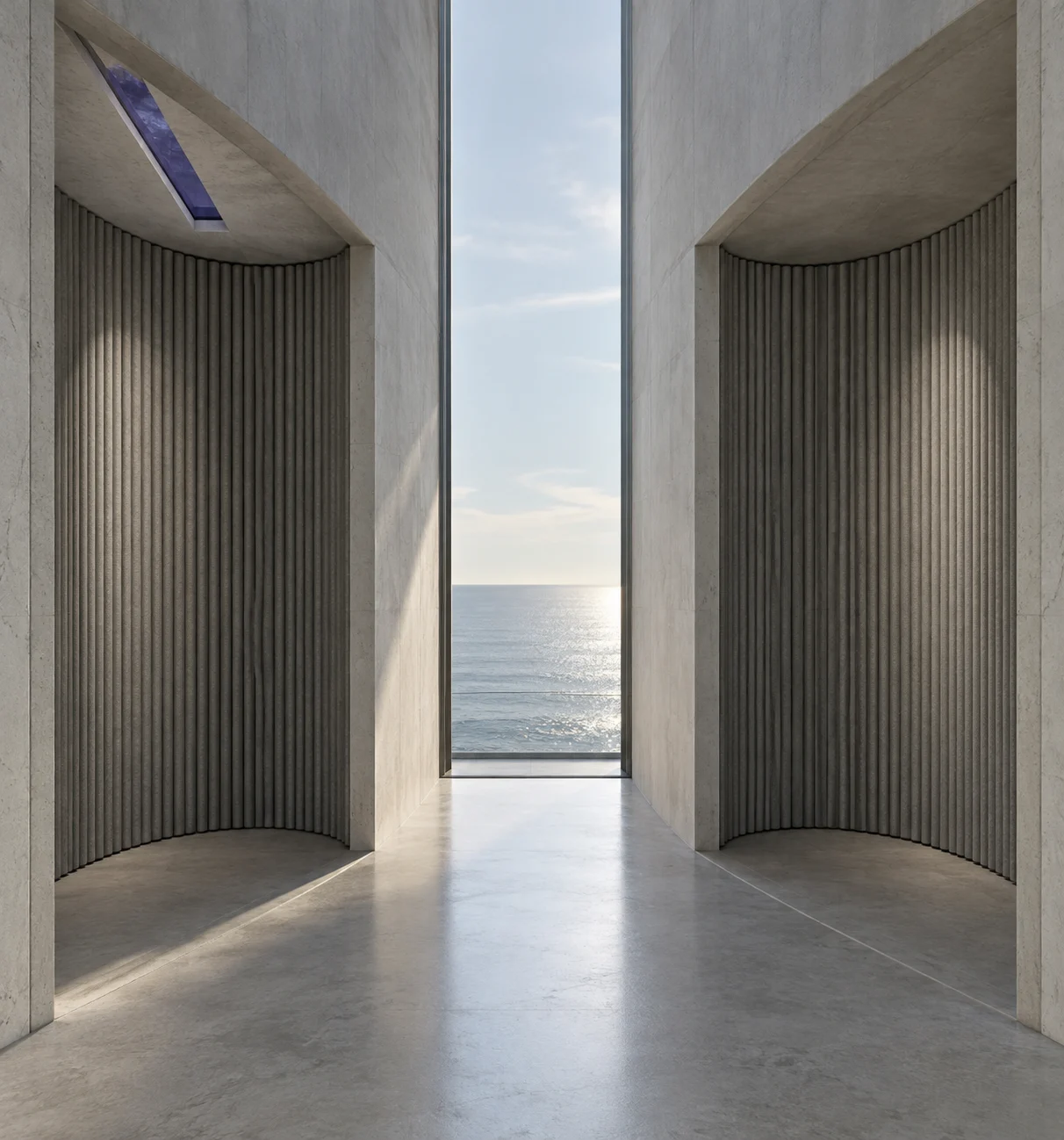 Two identical alcoves lined with ribbed silver-grey acoustic panels stand on either side of a narrow slot of daylight and sea; a violet-blue roof light is set in the ceiling of the left one.
