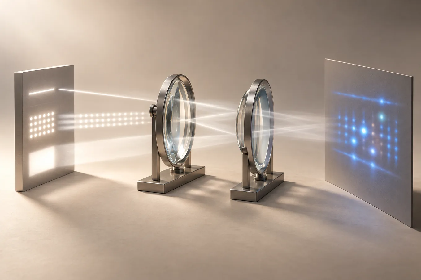 A brushed-steel optical instrument: three kinds of evidence pass through two lenses and resolve into an ordered pattern.