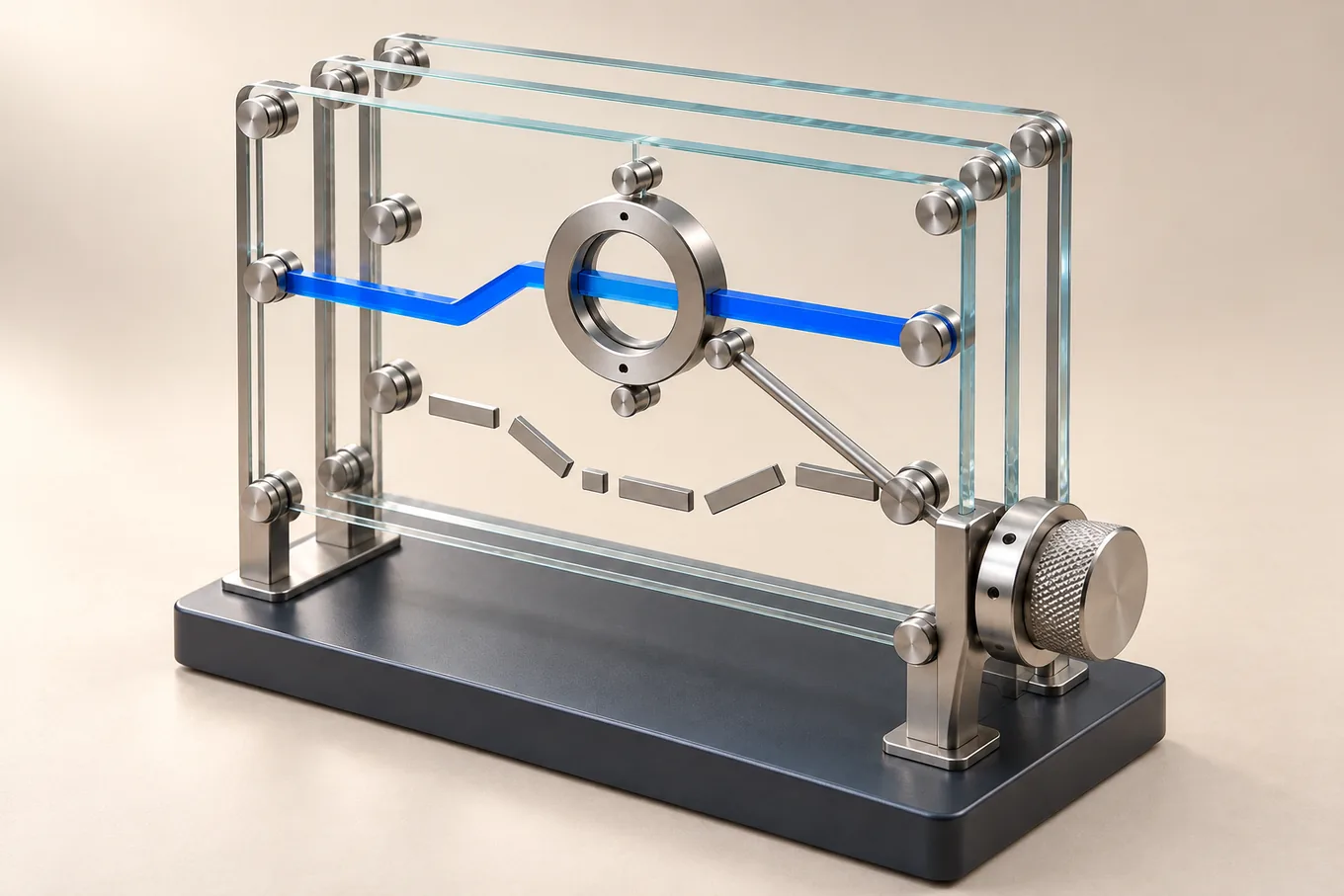 Stacked glass layers with a blue path running through a machined ring gate, beside an interrupted path of separate steel parts.
