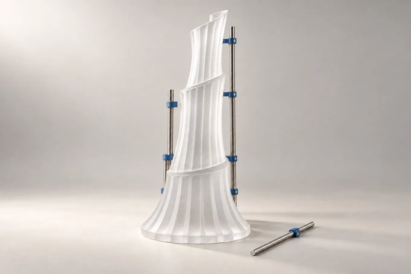 A single twisting sculptural form rising in three strata, steadied by slim rods with blue clamps, one rod set down beside it.