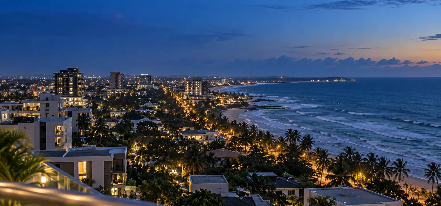 A coastal city at dusk